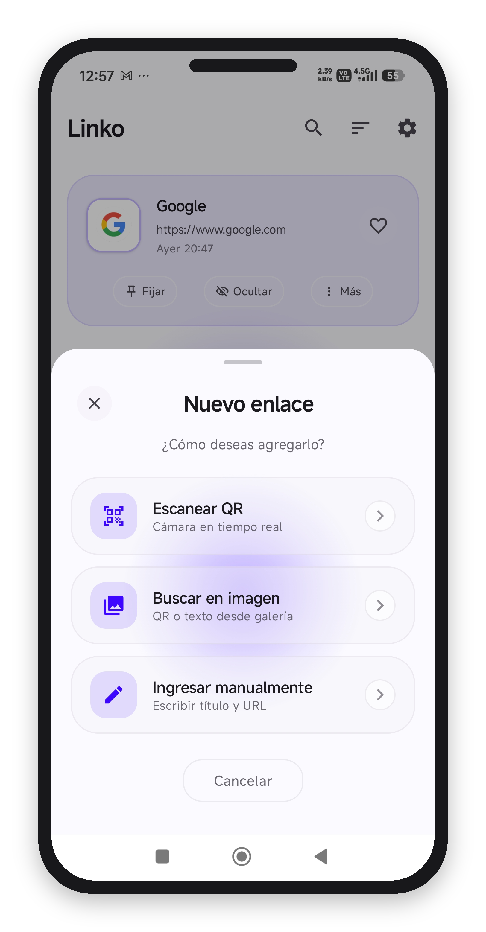 Add a new link in Linko: scan QR, find in image with OCR, or enter manually